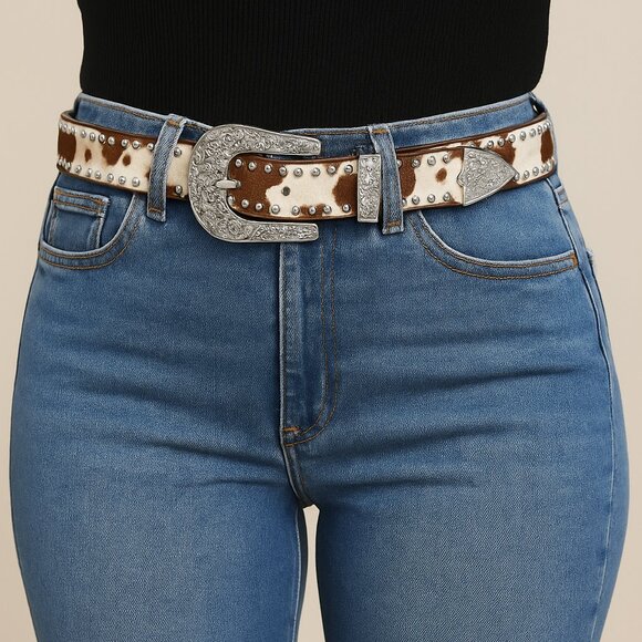 Western Cow Print Belt with Rhinestone Buckle – Black & White
